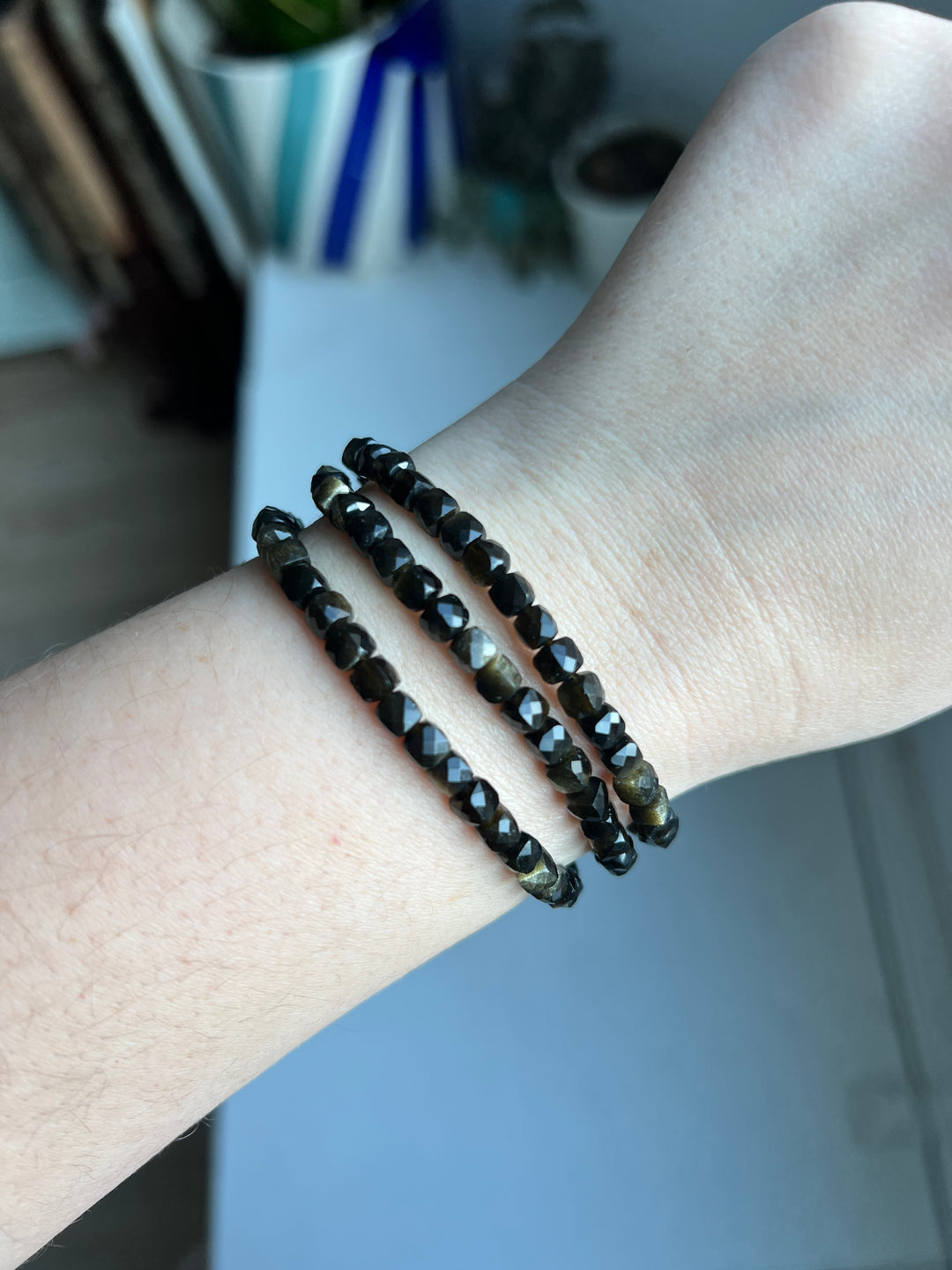 Golden sheen black obsidian faceted bracelet